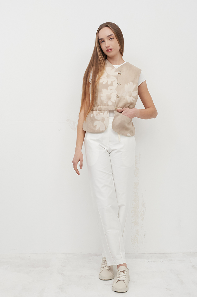 Камізелька стьобана з кишенями льон квіти (КА 87/9)